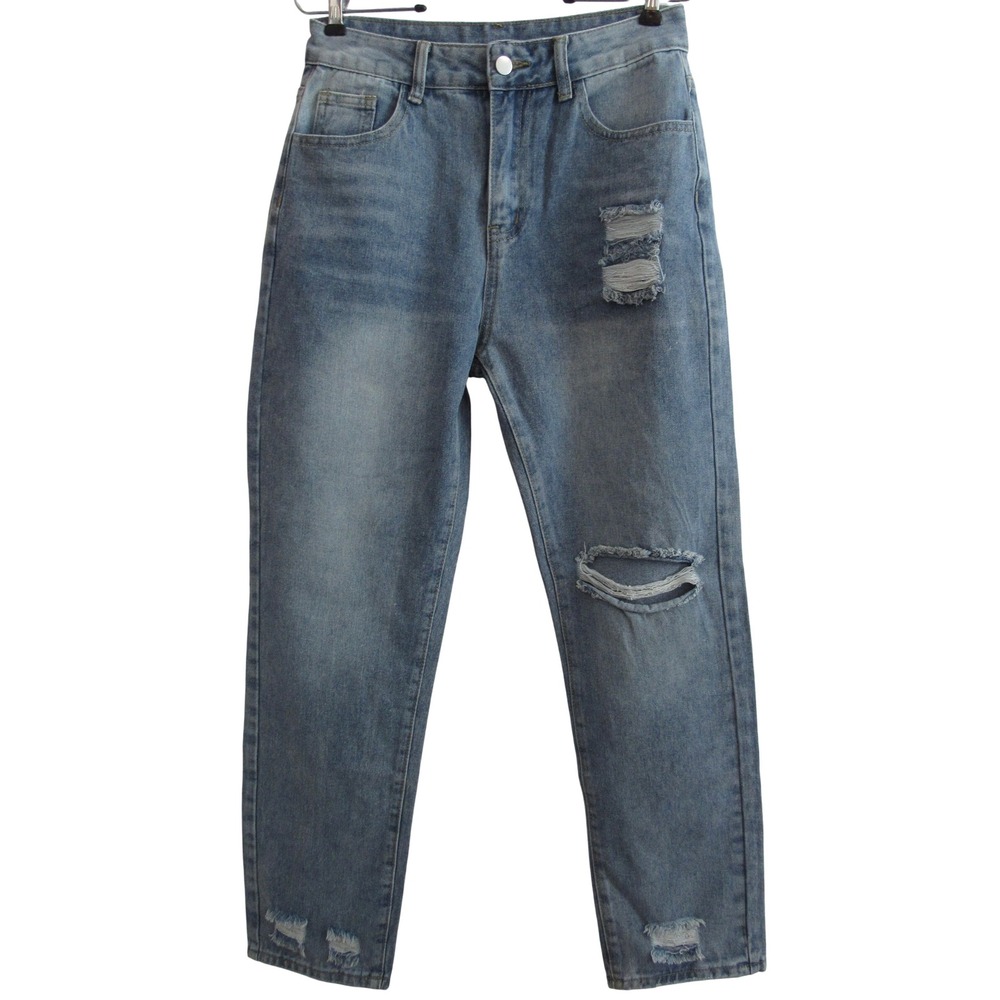 Distressed Mom Jeans‎ Medium Wash High Rise Straight Leg Grunge Y2K M